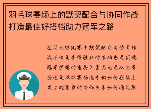 羽毛球赛场上的默契配合与协同作战打造最佳好搭档助力冠军之路